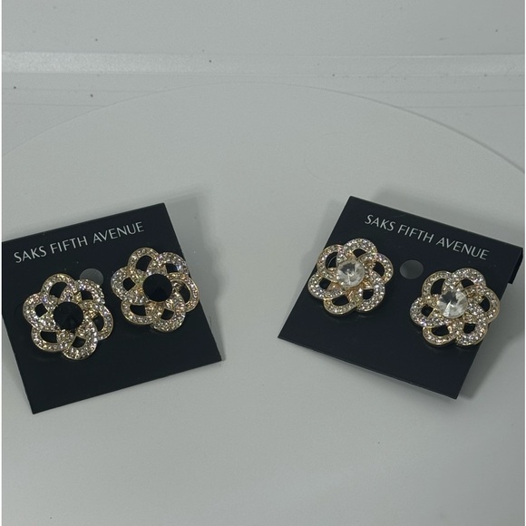 Saks Fifth Ave Gold Tone Flower Crystal Post Earrings With Black Crystal Center - Picture 7 of 7